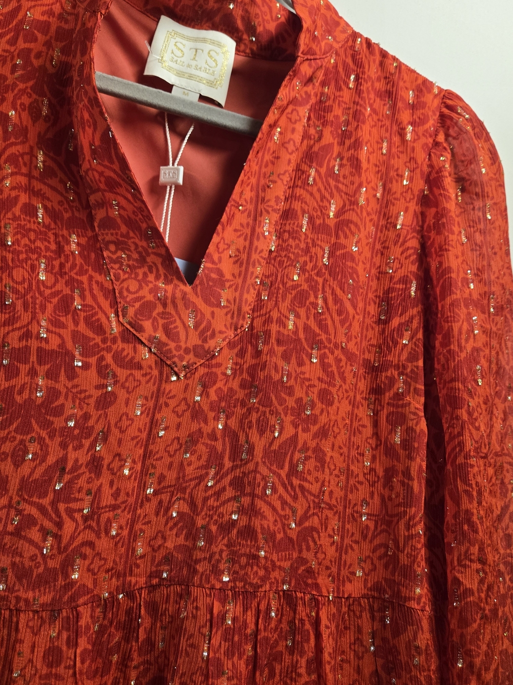 Sail to Sable Red Tropical Block Long-Sleeve V-Neck Mini Dress - Picture 3 of 8